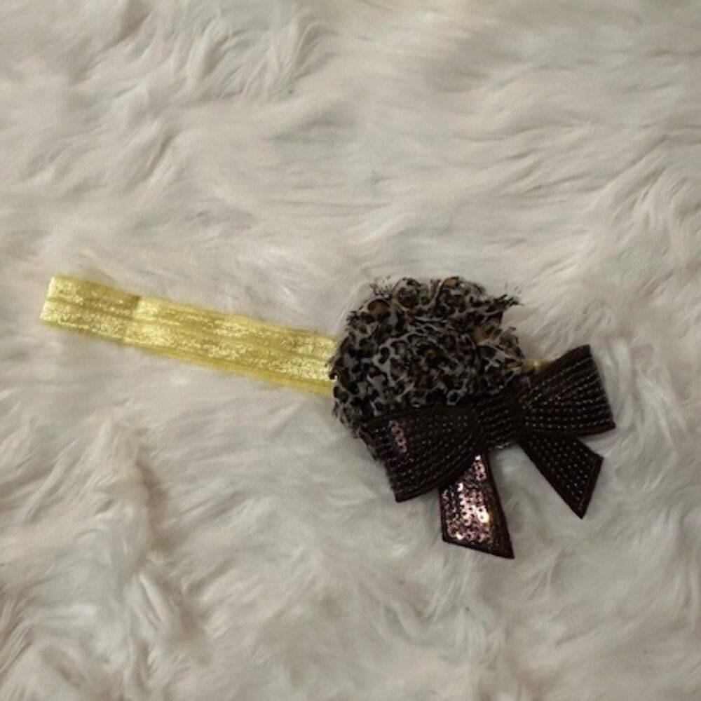 Brown Cheetah 2" Shabby Flower with 3" Sequin Bow on FOE elastic headband  7592